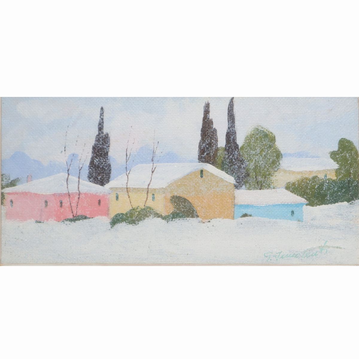 Coppia di Dipinti, Paesaggio con case innevate, Paesaggio con case e cipressi