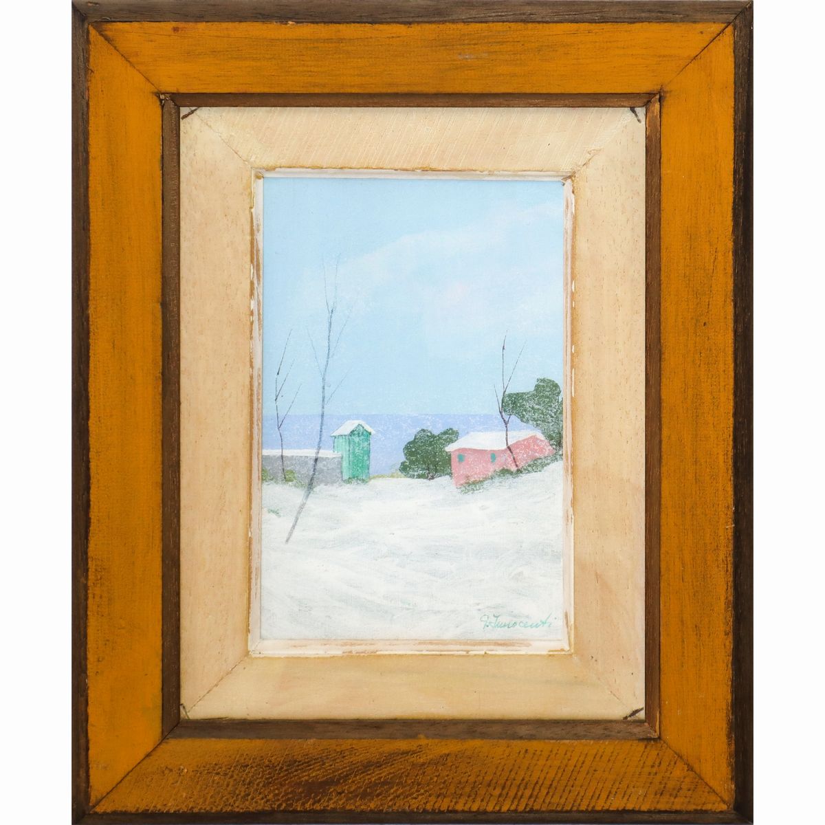 Trittico di dipinti, Faro, Paesaggio innevato sul mare, paesaggio con alberi sul mare