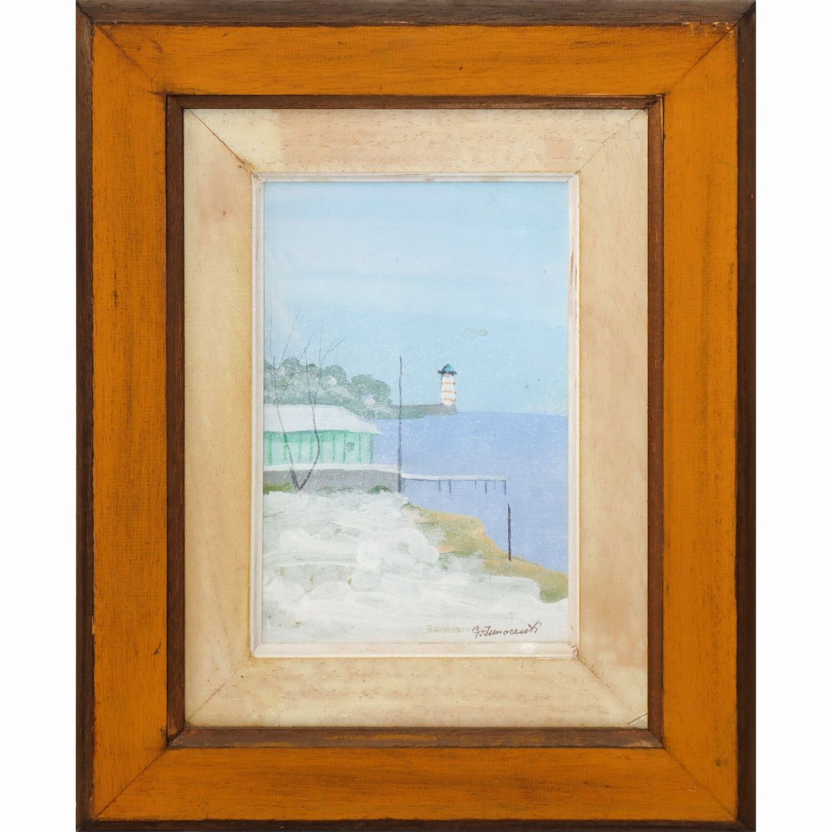 Trittico di dipinti, Faro, Paesaggio innevato sul mare, paesaggio con alberi sul mare