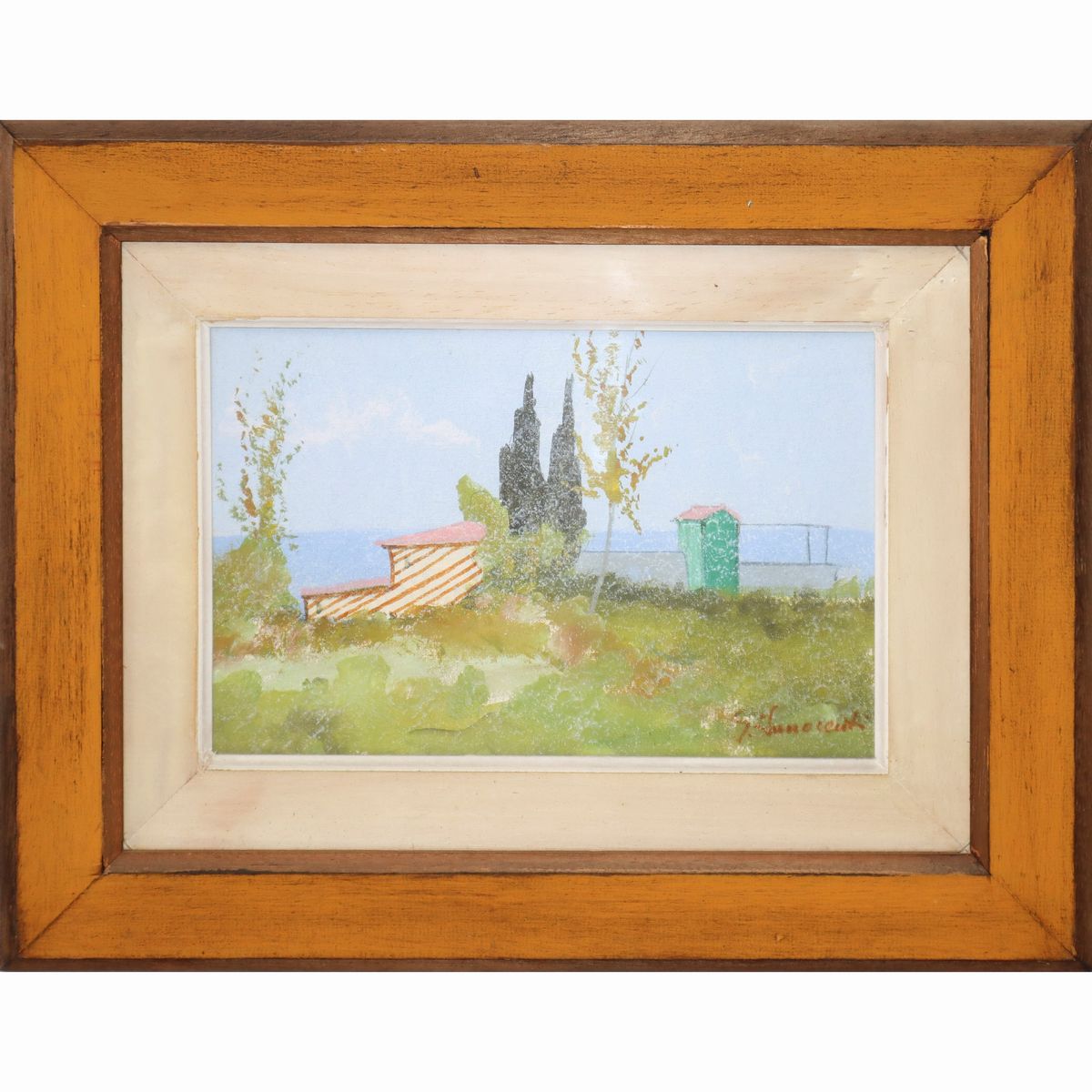 Trittico di dipinti, Faro, Paesaggio innevato sul mare, paesaggio con alberi sul mare