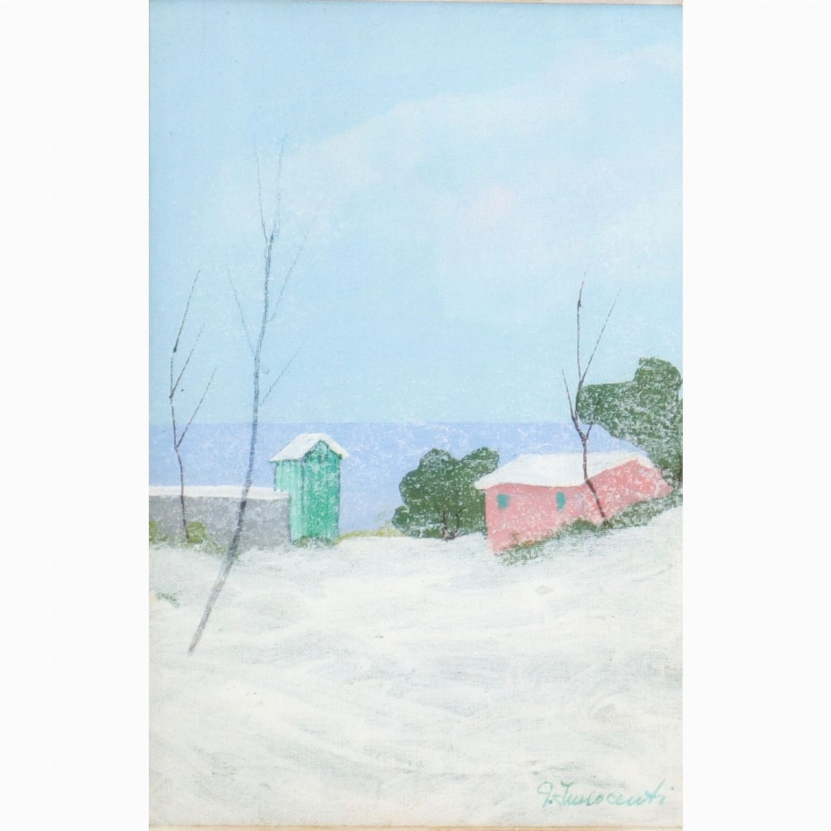 Trittico di dipinti, Faro, Paesaggio innevato sul mare, paesaggio con alberi sul mare