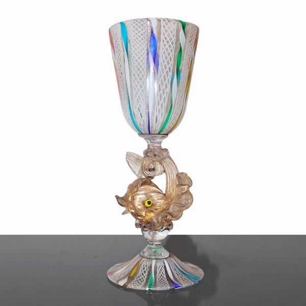 Calice in vetro di Murano sorretto da tritone, galanterie in vetro.