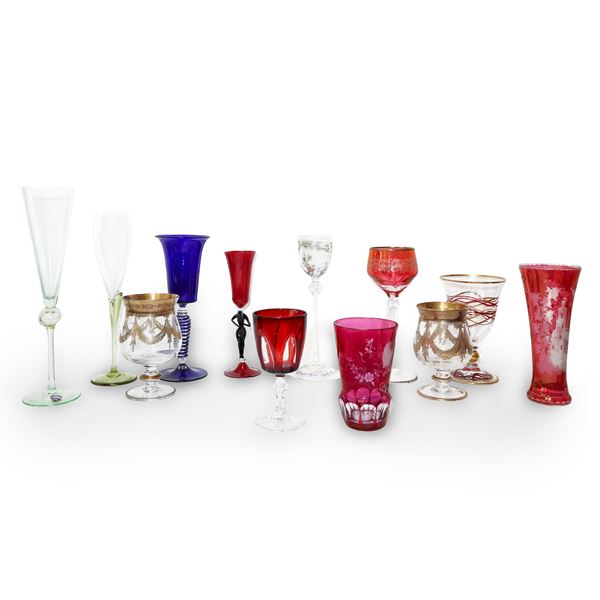 Group of 12 glasses in crystal and Murano glass