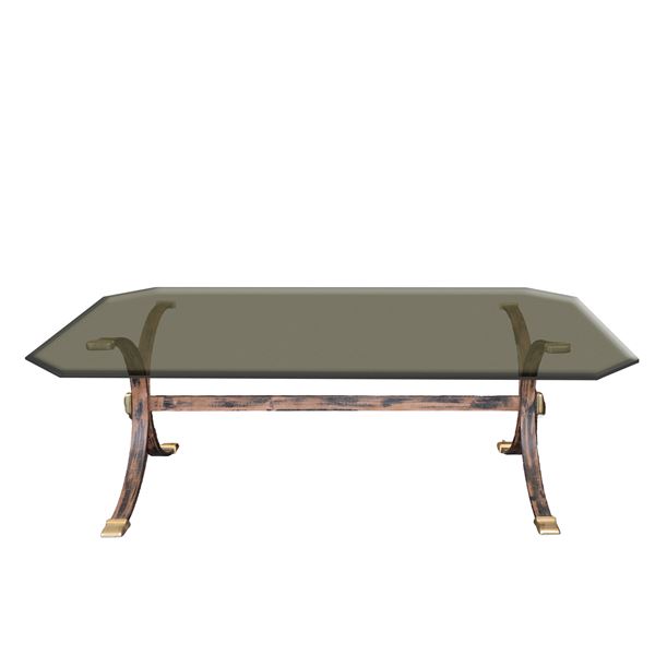 Coffee table in iron and golden brass, shaped glass top