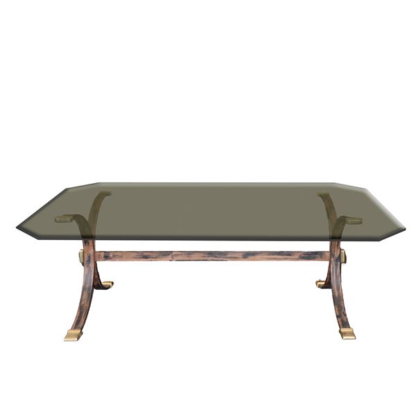 Coffee table in iron and gilded brass, top in shaped glass