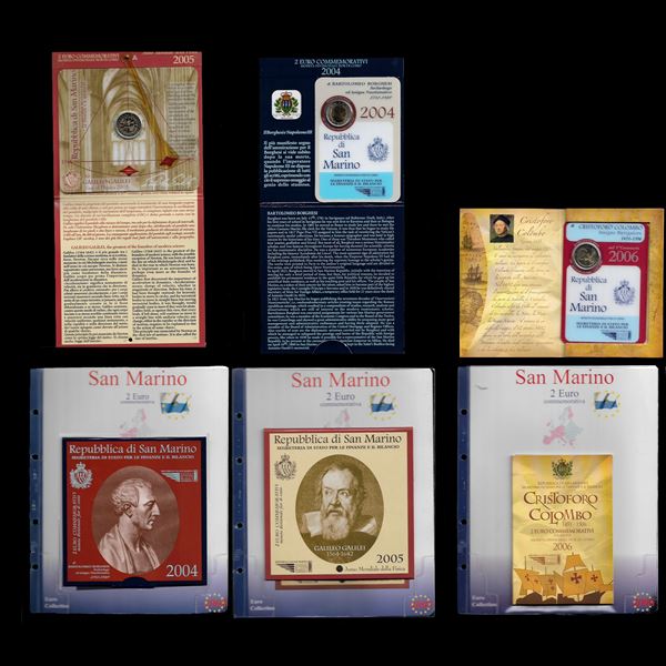 2004-2006 N°3 2 euro commemorative coins in folder: Bartolomeo Borghesi, Galileo Galilei, Cristoforo Colombo  - Republic of S. Marino - Auction Philatelic and Numismatic - Casa d'aste La Rosa