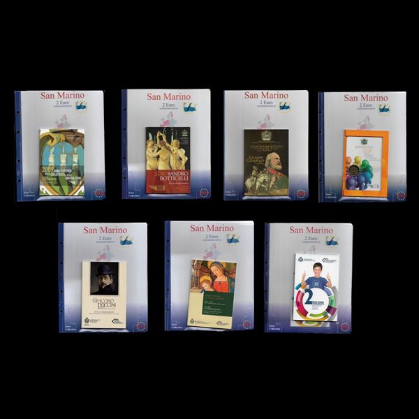 2007-2014 N°7 Monete commemorative da 2 euro in folder : Anno europeo della cratività e della innovazione, Sandro Botticelli, Giuseppe Garibaldi, Anno europeo del dialogo interculturale, Giacomo Puccini, Il Pinturicchio, Nona edizione anno 2012