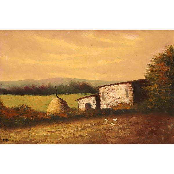 Landscape with houses and haystack and chickens