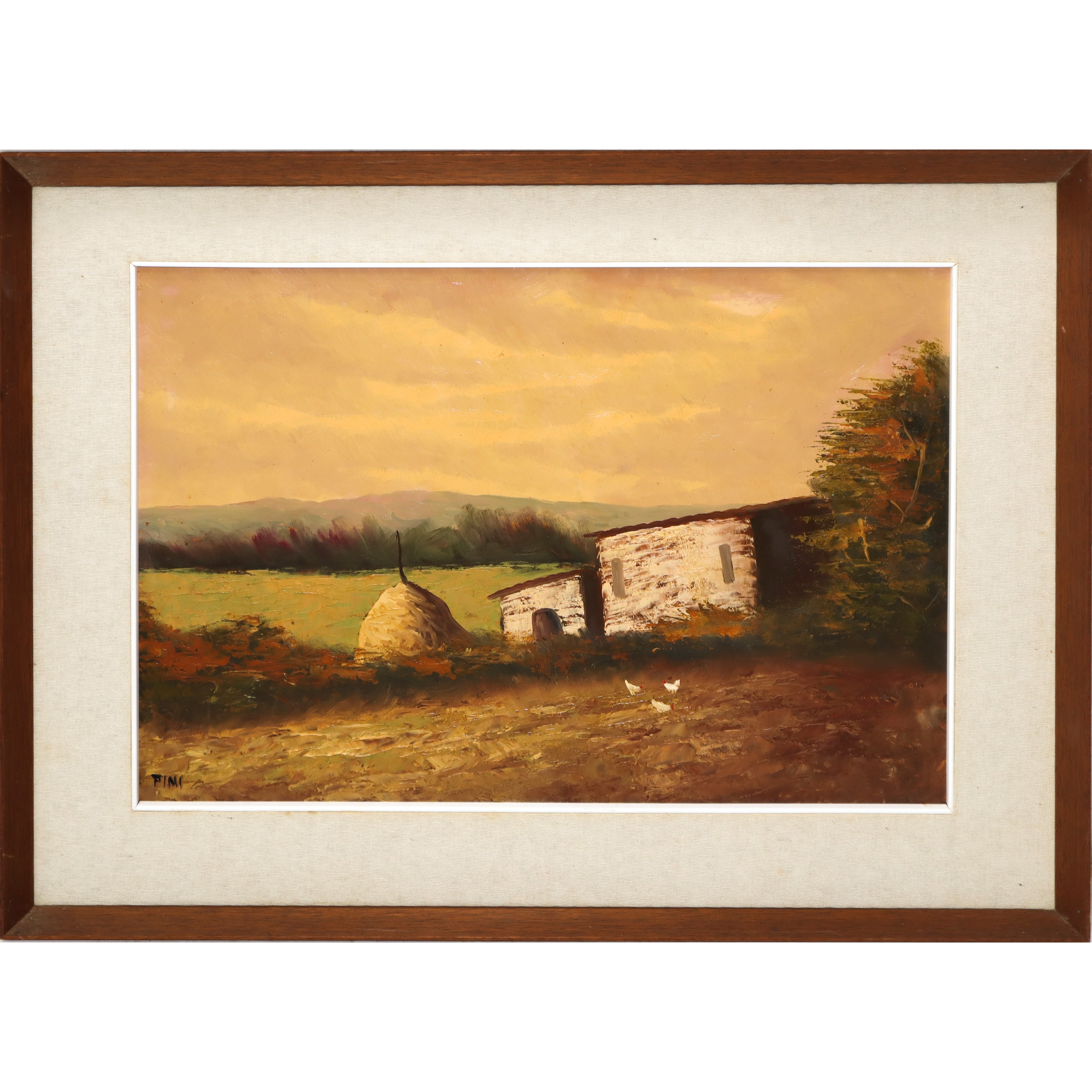 Paesaggio con case e covone di fieno e galline