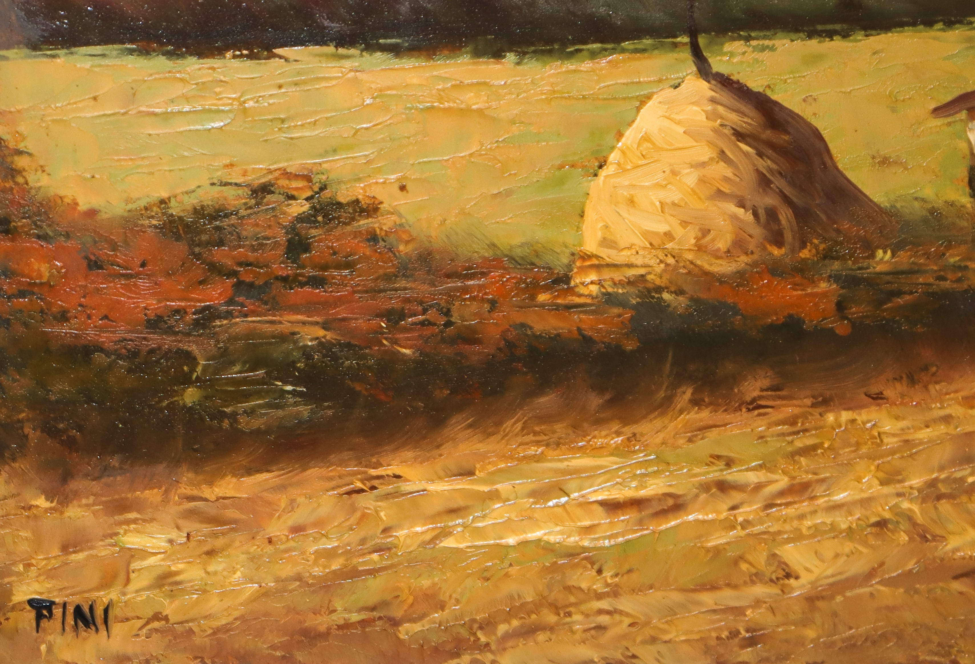 Paesaggio con case e covone di fieno e galline