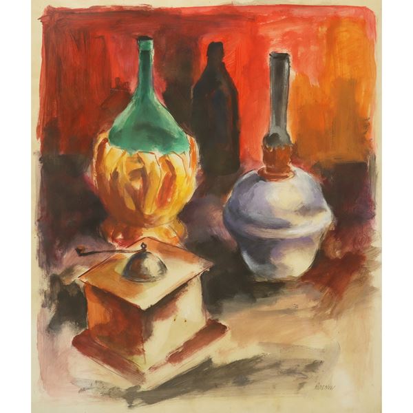 Still life of bottles with lamp and grinder