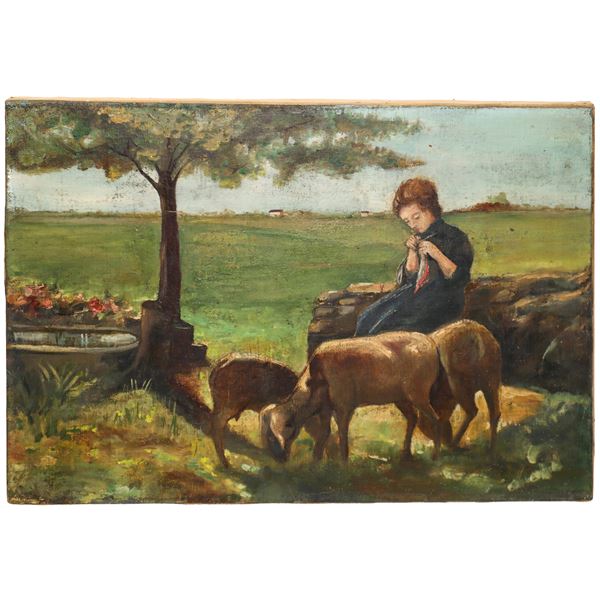 Landscape with girl needle-knitting