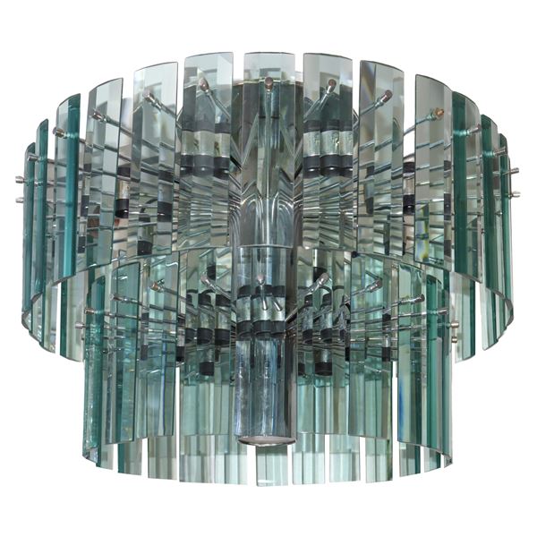 Ico Parisi  per ArteLuce - Crystal and steel chandelier model "2041"