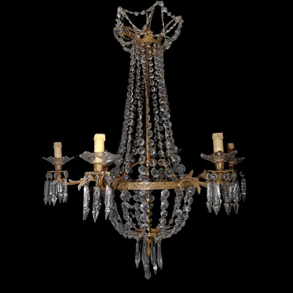 Nymph chandelier with spear and rosette toasts in golden metal with 6 lights