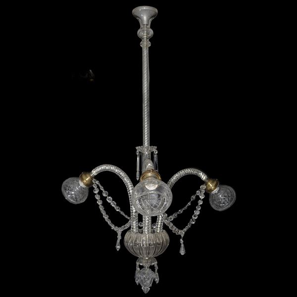 Three-light chandelier with twisted glass stem and arms