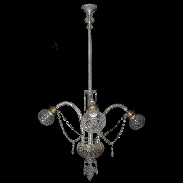Three-light chandelier with stem and arms in torchion glass