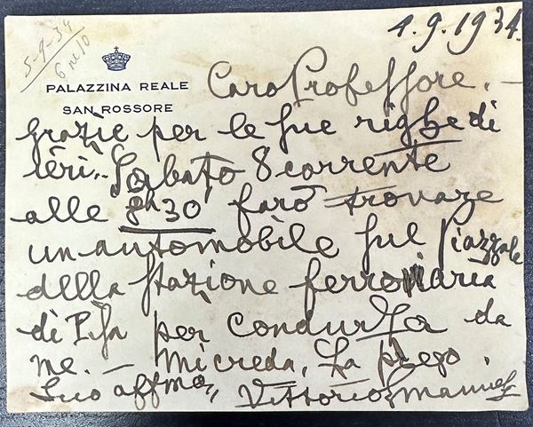 1934 - Lettera firmata Vittorio Emanuele III, da Palazzina Reale San Rossore  - Asta Filatelia e Numismatica - Casa d'aste La Rosa