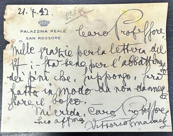 1942 - Biglietto di ringraziamento a firma Vittorio Emanuele III da Palazzina Reale San Rossore   (21/7/1942)  - Asta Filatelia e Numismatica - Casa d'aste La Rosa