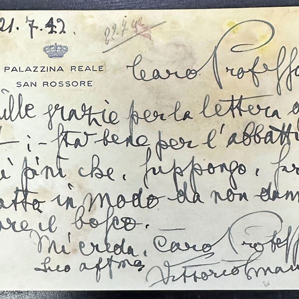 1942 - Biglietto di ringraziamento a firma Vittorio Emanuele III da Palazzina Reale San Rossore 