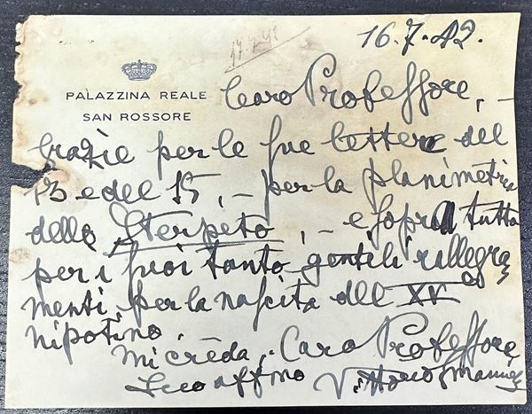 1942 - Letter signed by Vittorio Emanuele III from Palazzina Reale San Rossore