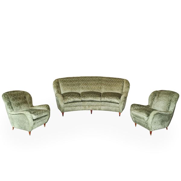 Salotto vintage composto da divano e coppia di poltrone, produzione italiana, nello stile di Melchiorre Bega