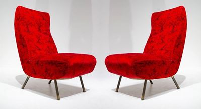Coppia di Poltrone Mod. Triennale, Tessuto Rosso Originale Probabile Fede Chieti.