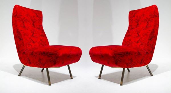 Zanuso per  Arflex - Pair of armchairs Mod. Triennale, probably original Fede Chieti red fabric.