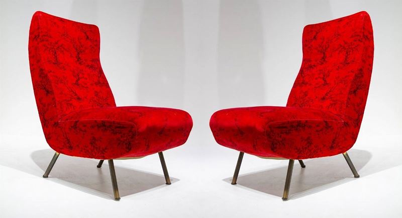 Zanuso per Arflex - Coppia di Poltrone Mod. Triennale, Tessuto Rosso Originale Probabile Fede Chi...