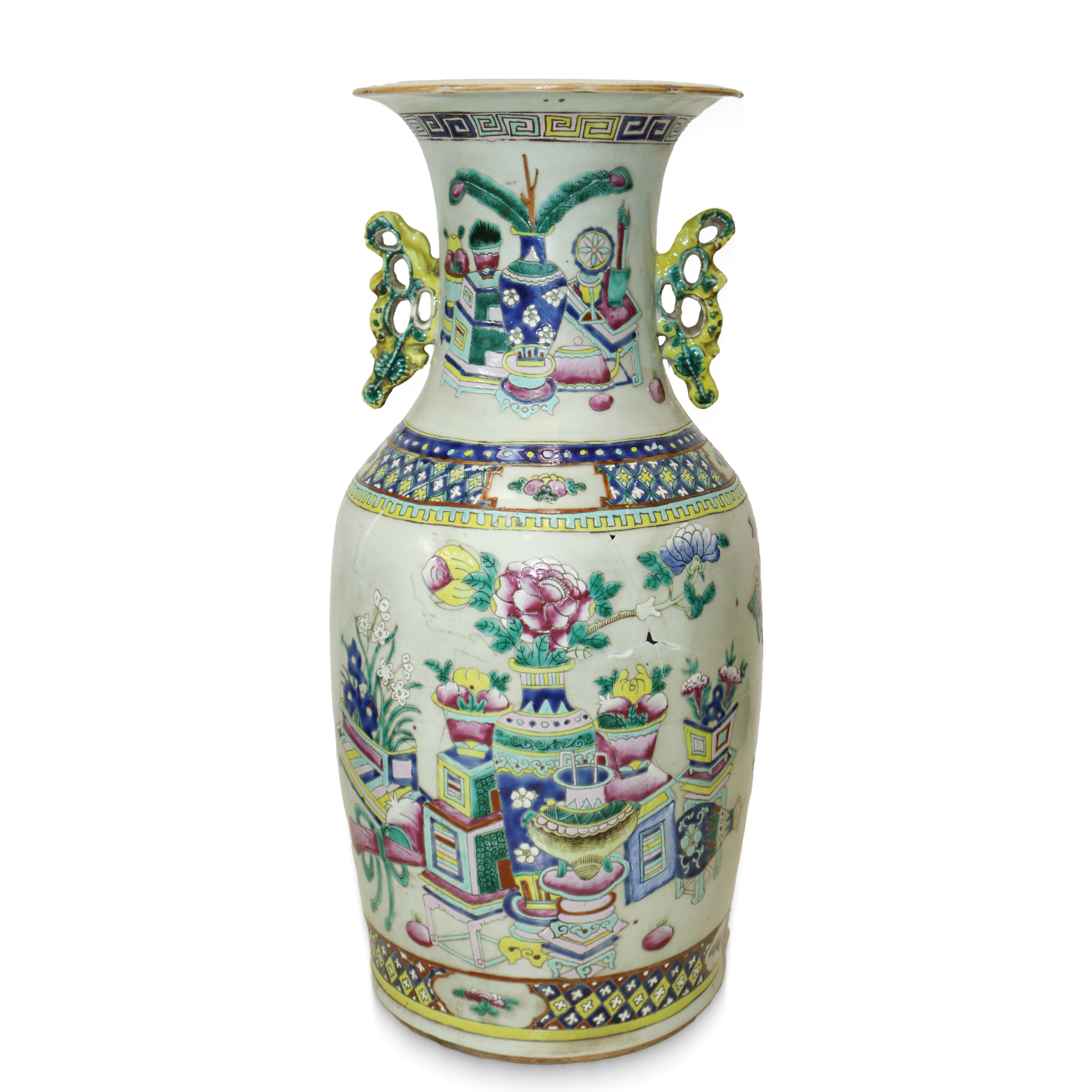Vaso cinese in porcellana bianca con decori di fiori e vasi