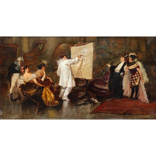 Pittore che dipinge un quadro con astanti