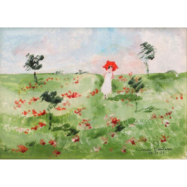 Woman with umbrella in a poppy field