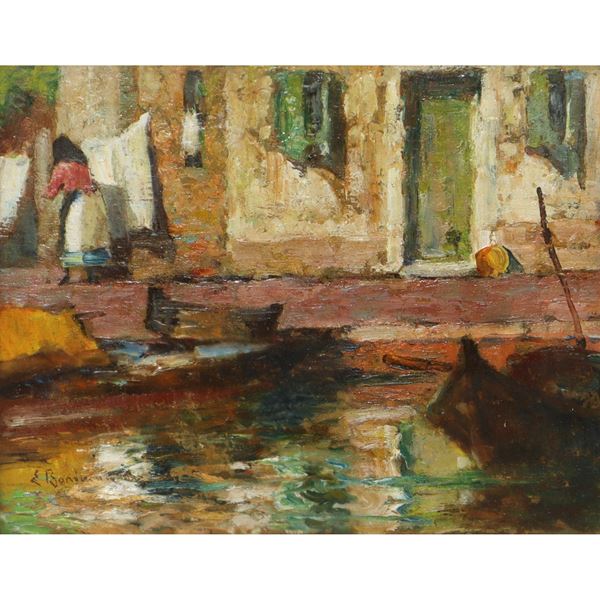 Eugenio Bonivento - Donna che stende i panni nel canale con barche