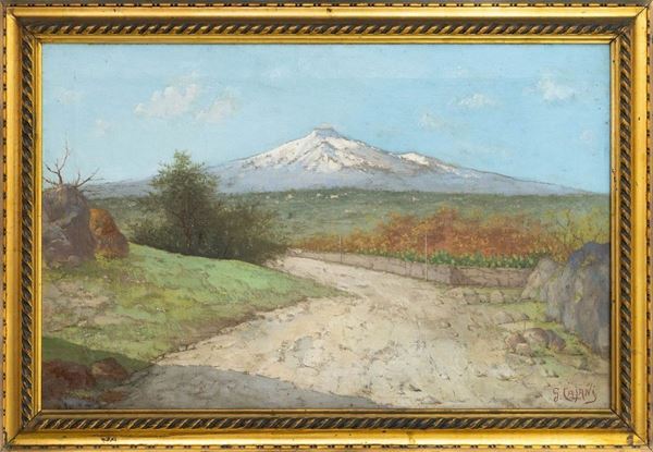 Paesaggio con Etna  (XIX/XX secolo)  - Dipinto ad olio su tela - Asta Antiquariato, Dipinti e Gioielli - Casa d'aste La Rosa