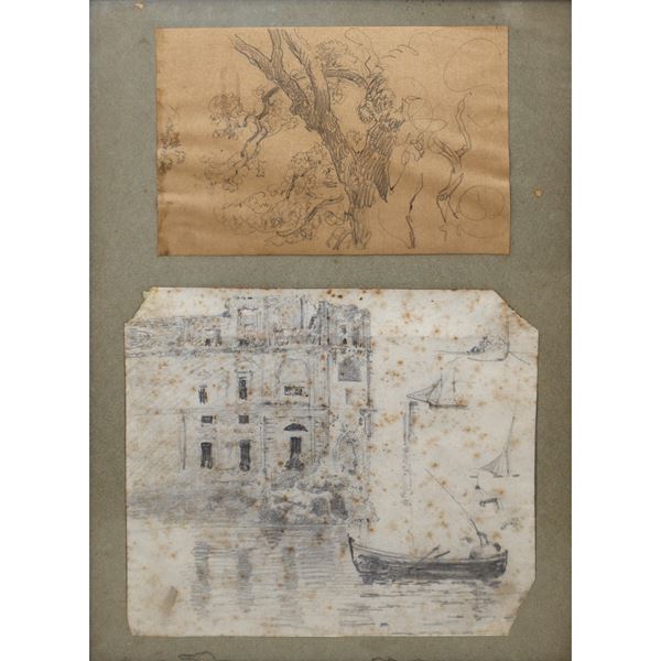 Disegni in cornice, pescatore ed albero