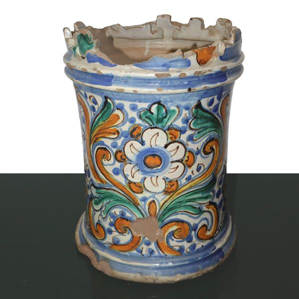 Ancient glazed polychrome majolica tower cylinder from Caltagirone.