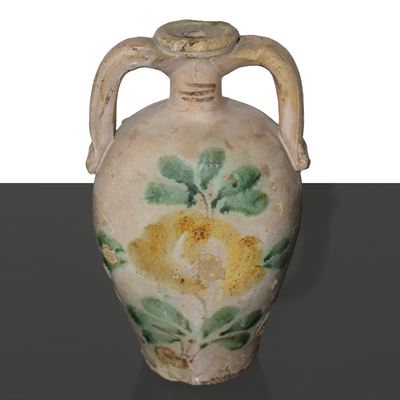 Piccola Quartara in Maiolica Policroma di Caltagirone con Manici e Decorazioni di Fiori e Foglie