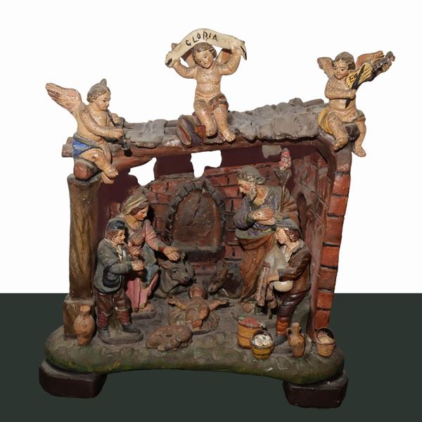 Presepe in ceramica policroma di Caltagirone con pastori e angeli