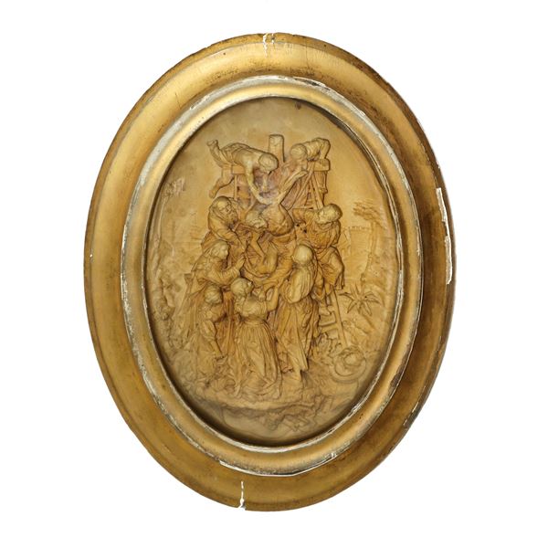 Deposizione di Cristo, scultura a rilievo in schiuma di mare entro cornice ovale