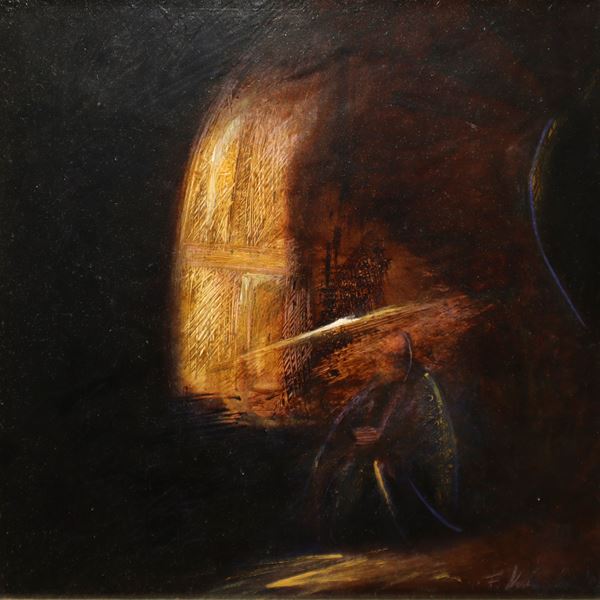 Fabio   Salafia - Da Rembrandt studio di un interno con scala a chiocciola