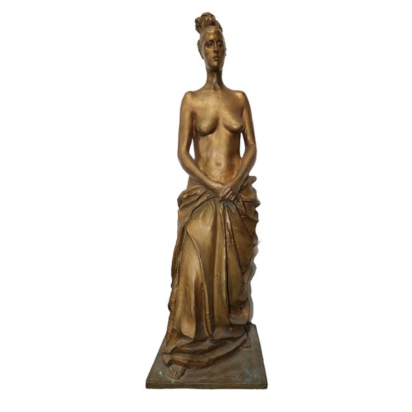 Nude woman with drape, Gold patinated bronze
