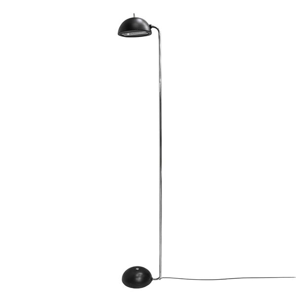 Lampada da terra in metallo cromato, base e diffusore laccato nero, produzione italiana