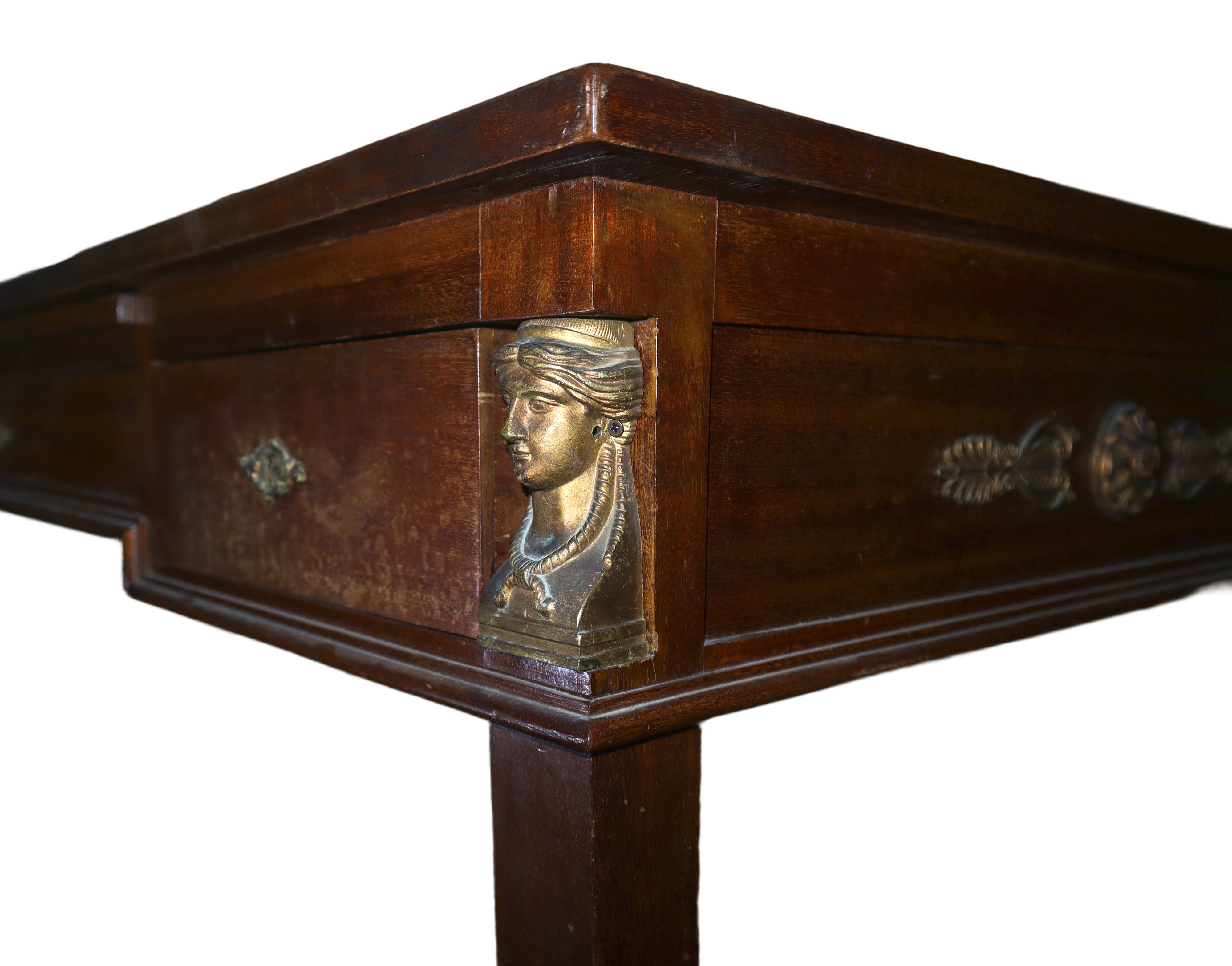 Scrittoio in Legno di Mogano, Piano con Vetro Sovrapposto.