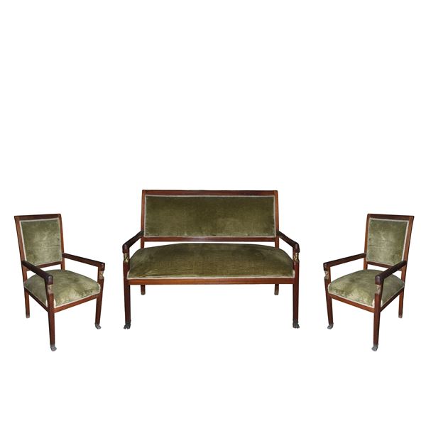 Green upholstered sofa and two armchairs  - Auction Asta Eclettica - Casa d'aste La Rosa