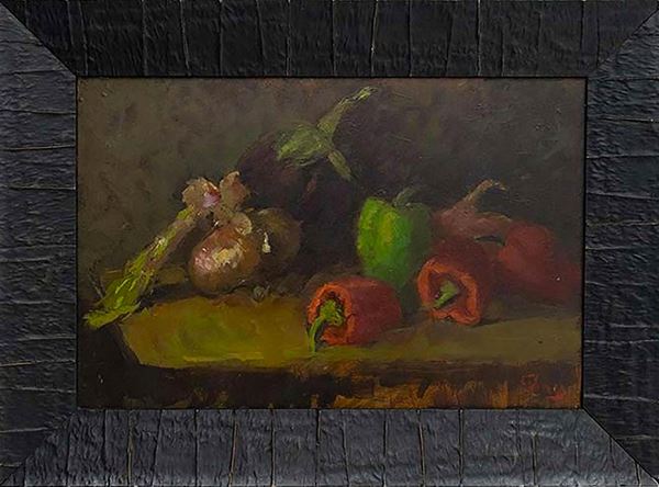 G.Vinci, Still life with red peppers 35 X52 Oil painting on masonite. Signed on the lower right