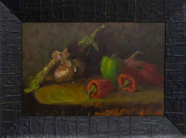 G. Vinci - G.Vinci, Natura morta con peperoni rossi 35 X52 Olio su masonite. Firmato in basso a destra