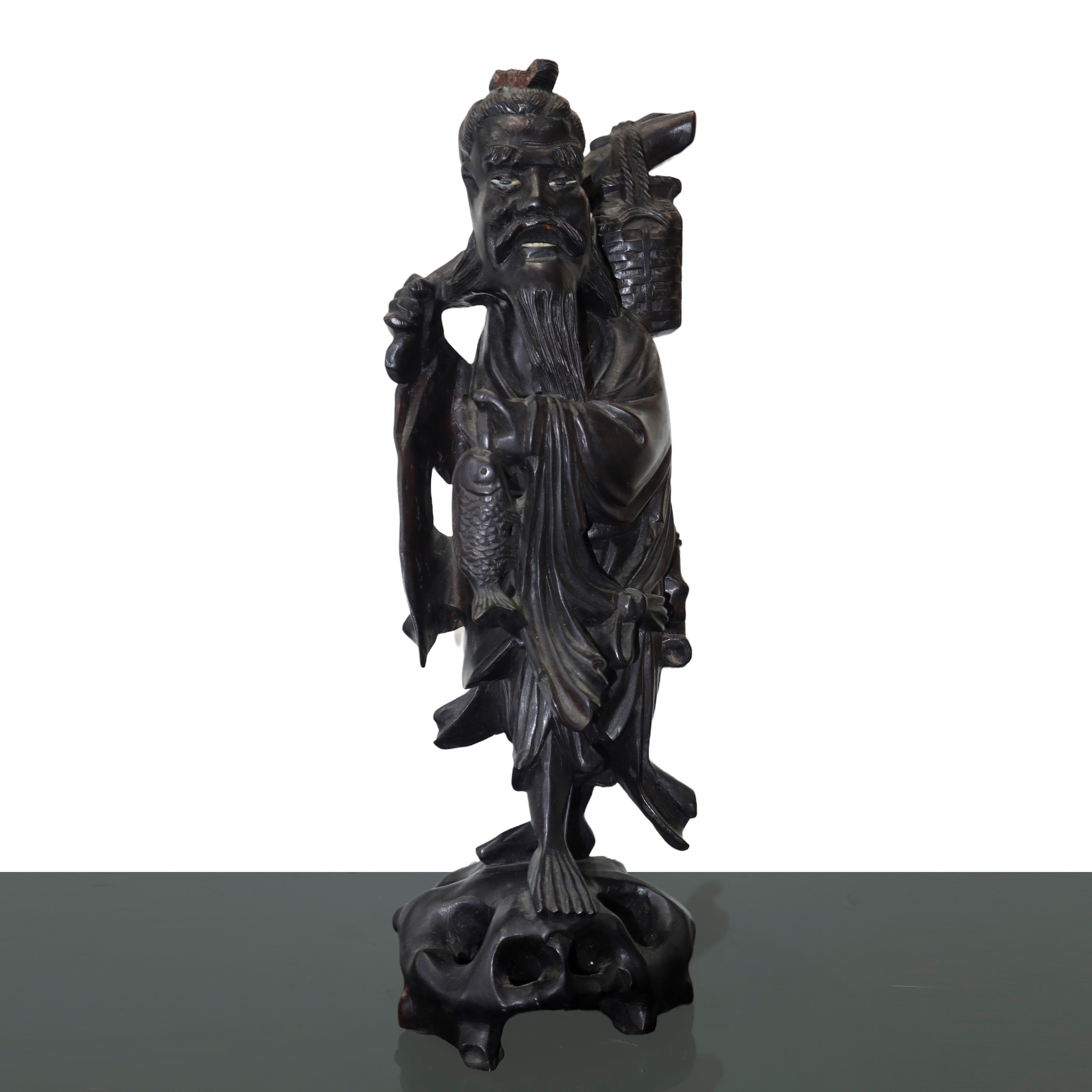 Coppia di statuine in legno intagliato del dio Shoulao