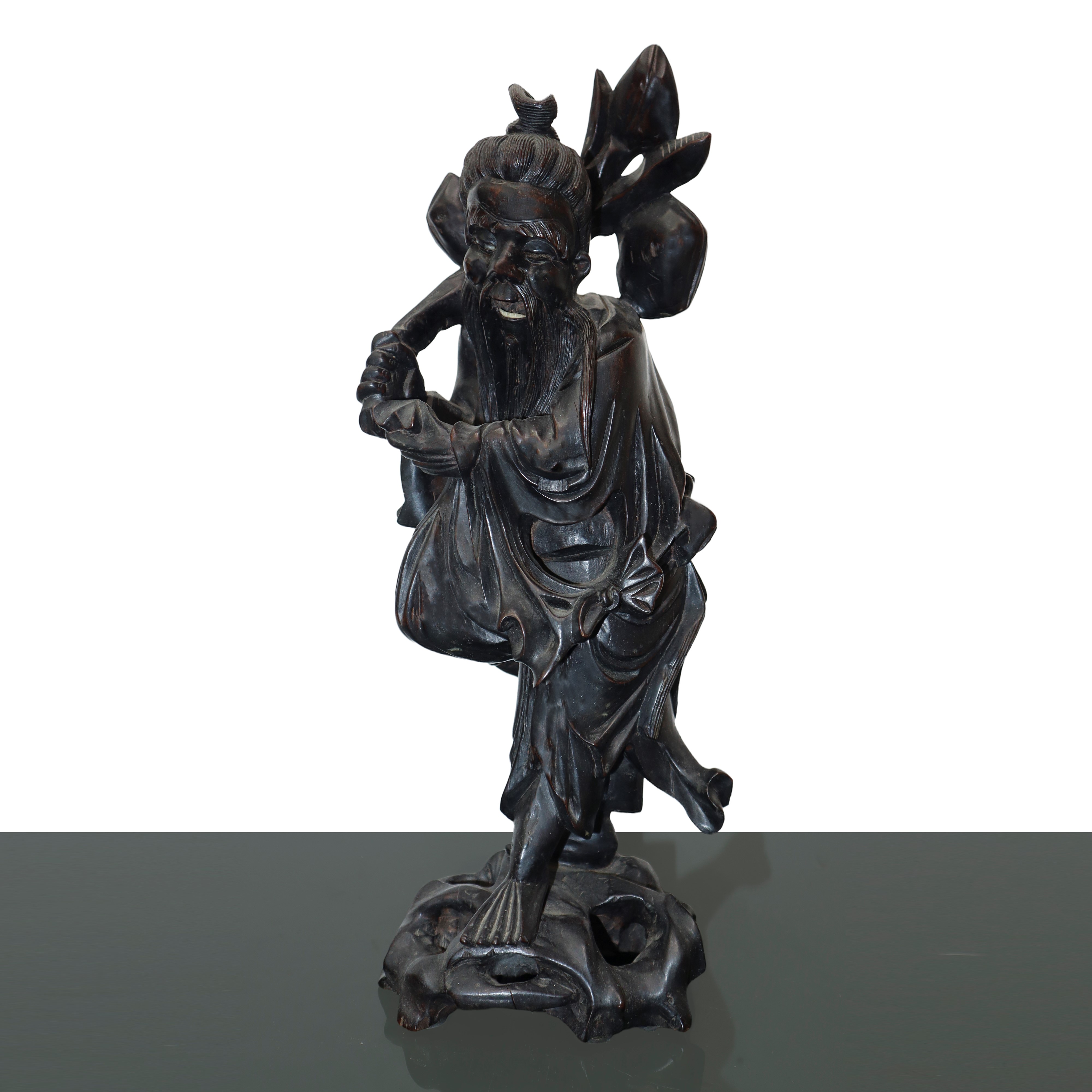 Coppia di statuine in legno intagliato del dio Shoulao
