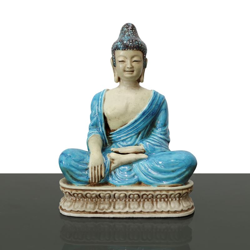 Buddha in Ceramica Smaltata nei Colori del Bianco e Dell'azzurro