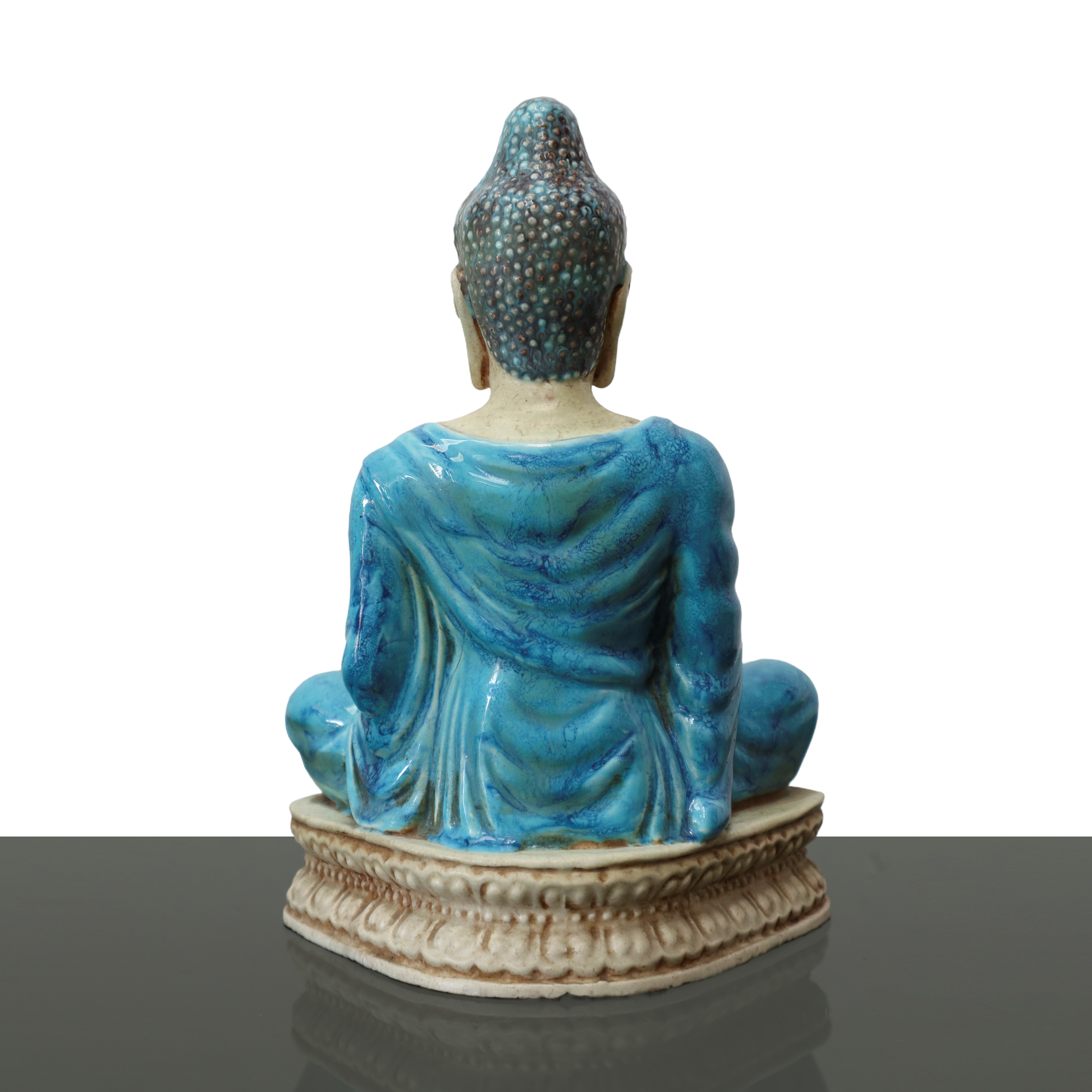 Buddha in Ceramica Smaltata nei Colori del Bianco e Dell'azzurro