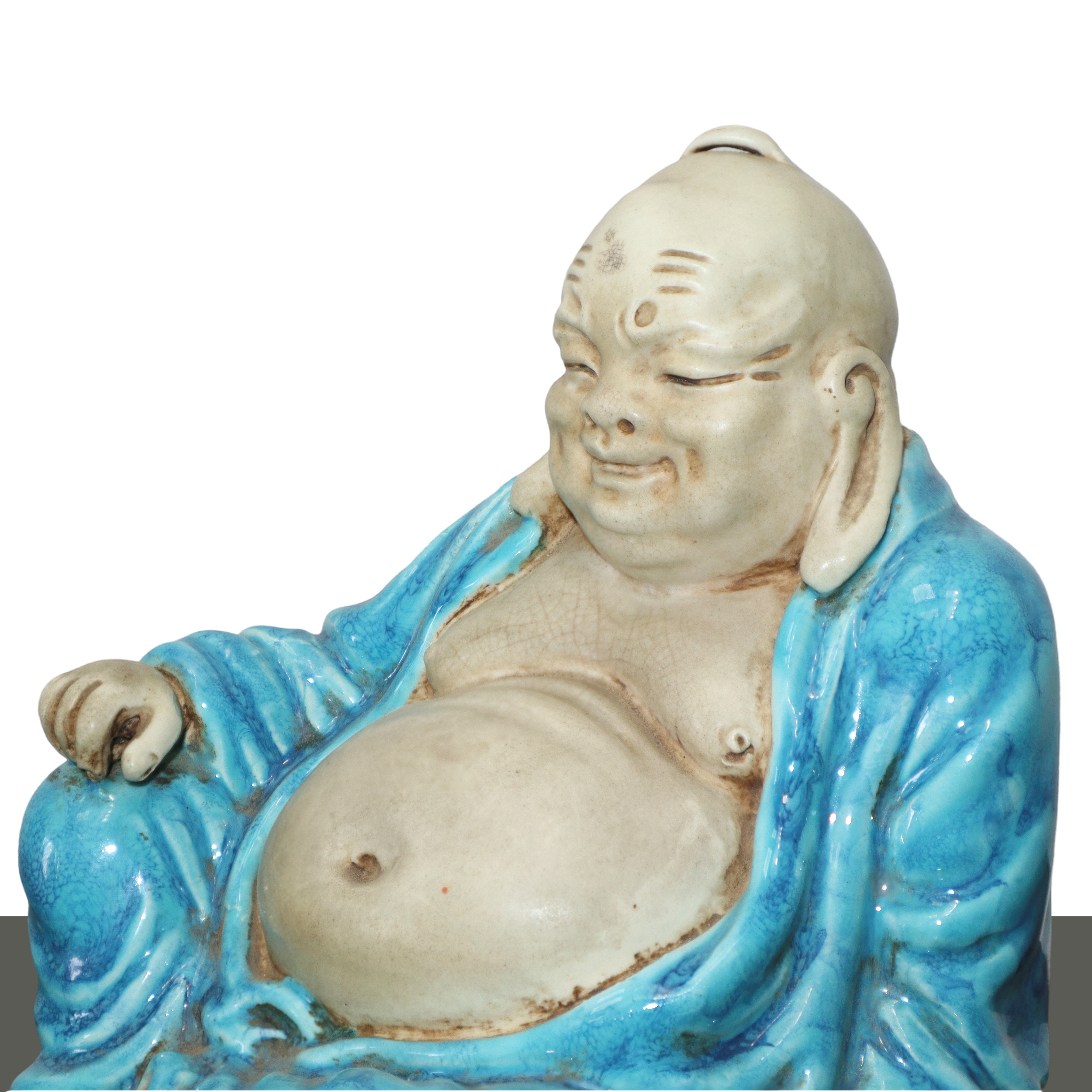 Buddha Pu-tai Ridente in Ceramica Smaltata nei Colori del Bianco e Dell'azzurro